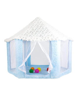 Extra Large Pet Castle House, Delivery Room Teepee for Pets, Thick Cushion Warm Snowflakes Style Hexagon Playhouse with Rainbow Balls Portable Bag
