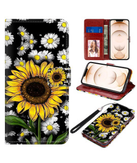 Mzelq Designed For Iphone 13 Pro Wallet Case Pu Leather Folio Flip Cover For Women Girls Sunflower Flowers Floral Magnetic Credit Card Holder Phone Cover Protective With Hand Wrist Strap Kickstand