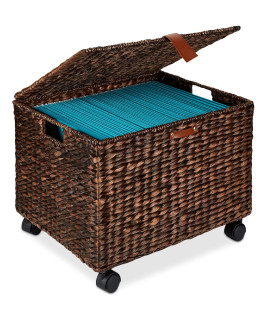 Best choice Products Water Hyacinth Rolling Filing cabinet, Woven Mobile Storage Basket, Portable File Organizer for Legal Letter Size Memos wLid, 4 Locking Wheels - Brown