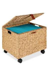 Best choice Products Water Hyacinth Rolling Filing cabinet, Woven Mobile Storage Basket, Portable File Organizer for Legal Letter Size Memos wLid, 4 Locking Wheels - Natural
