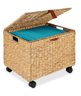 Best choice Products Water Hyacinth Rolling Filing cabinet, Woven Mobile Storage Basket, Portable File Organizer for Legal Letter Size Memos wLid, 4 Locking Wheels - Natural