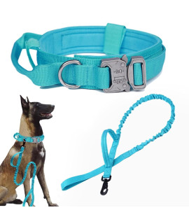 Tactical Dog Collar And Leash Set Tactical Dog Collar With Handle Bungee Leash Adjustable Military Training Nylon Collar Dog Training Collar Leash Set With Control Handleand Metal Buckle(Blue M