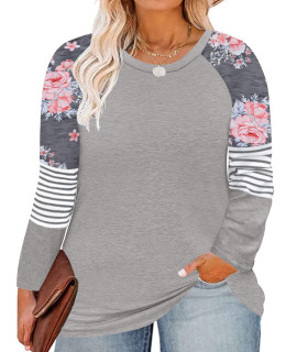 Carcos Womens Plus Size Tops Long Sleeve Raglan Shirts Floral Color Block Pullover Basic Crewneck Tshirts Casual Light Grey Tunics Xl 14W 16W