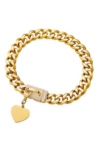 15MM Strong Dog Collar Gold Metal Stainless Steel with Zirconia Lock 18K Gold Small Medium Big Dog Luxury Training Collar Cuban Lock Link Necklace Chain with Heart Dog Id Tags