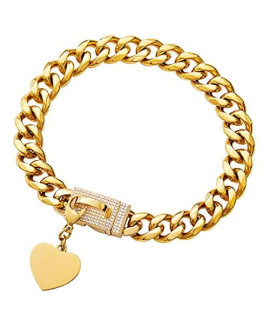 15MM Strong Dog Collar Gold Metal Stainless Steel with Zirconia Lock 18K Gold Small Medium Big Dog Luxury Training Collar Cuban Lock Link Necklace Chain with Heart Dog Id Tags