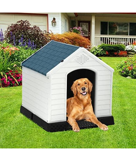 Tffnew 32 Inch High Durable Indoor Outdoor Dog House All Weather Plastic Dog House Waterproof Ventilate Puppy Shelter Kennel with Air Vents Elevated Floor for Small Medium Large Dogs, DH3418, White