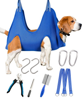 Kkiimatt 10 In 1 Pet Grooming Hammock Harness With Nail Clipperstrimmer, Nail File, Comb,Dog Nail Hammock, Dog Grooming Sling For Nail Trimmingclipping (Lunder 55Lb, Blue)