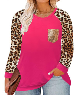 cARcOS Womens Plus Size Tops Long Sleeve cheetah Raglan Shirts Round Neck Hot Pink color Block Tunics casual Leopard Pullover Blouses with Sequin Pocket 5XL 28W