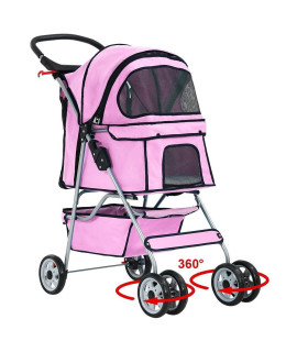 HHS Pet Stroller Cat Dog Strollers for Small Medium Dogs Double Puppy Doggie Carrier with Storage Basket and Cup Holder Foldable Travel Jogging Cart, Pink 17.5(L)*33(W)*38.6(H) inch