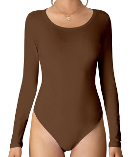 Mangdiup Womens Crewneck Long Sleeve Bodysuit Basic Stretch Cotton Jumpsuit Tops (Brown, X-Large)