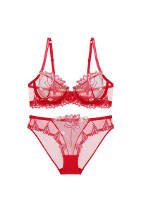 guoeappa Womens Soft Lace Embroidery Lingerie Set Underwear Floral Lace Underwire Sheer Bra and Panty Set(Bright Red,34D)