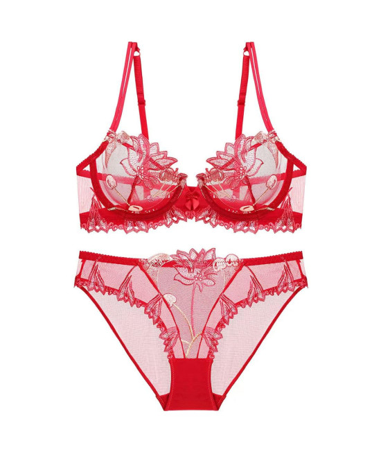 guoeappa Womens Soft Lace Embroidery Lingerie Set Underwear Floral Lace Underwire Sheer Bra and Panty Set(Bright Red,34D)