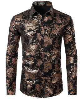 ZEROYAA Mens Luxury Paisley Bronze Shiny Printed Stylish Slim Fit Button Down Dress Shirt ZLcL18 Black Bronze XX-Large