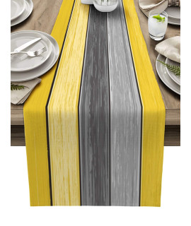 Ombre Lemon Yellow And Gray Farmhouse Table Runner Cotton Linen Retro Rustic Barn Wood Texture Non-Slip Rectangle Party Table Decorations For Kitchen ,Home ,Dining Table ,Outdoor,13X72Ainches Long