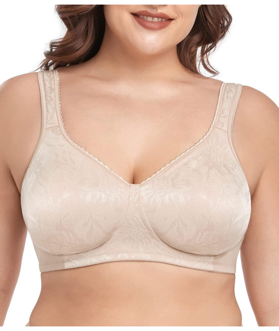 Wirarpa Womens Bras Comfortable Ultimate Soft Wireless Full Coverage Floral Jacquard Non-Padded Plus Size Bra Beige 44Ddd