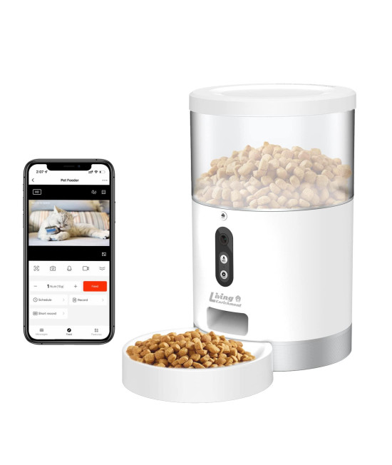 Living Enrichment Automatic Cat Feeders, Smart Timed Automatic Dog Feeder, HD Camera Voice and Video Recording, Cat Food Dispenser Portion or APP Control, 4L Capacity for Cats Dogs