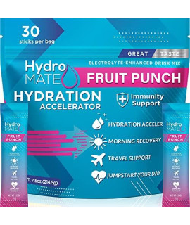 Natureworks Hydromate Electrolytes Powder Drink Mix Packets Hydration Accelerator Low Sugar Party Recovery Vitamin C Fruit Punch 30 Sticks