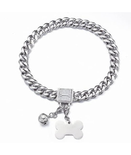 RUMYPET Silver Dog Chain Collar 11mm/15mm/19mm Cuban Link Dog Collar with CZ Buckle,Dog ID Tag and Dog Bell Chew Proof Metal Collar for Small Medium Large Dogs(15mm,16inch)