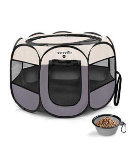 Large Portable Foldable Pet Tent - 8-Panel Cat Dog Mesh Exercise Playpen w/ Folding Food/Water Bowl - Kennel House Playground Play Pen Yard Crib for Puppy, Kitten, Rabbit, Bunny (Gray)