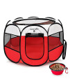SereneLife Medium Portable Foldable Pet Tent - 8-Panel Cat Dog Mesh Exercise Playpen w/ Folding Food/Water Bowl - Kennel House Playground Play Pen Yard Crib for Puppy, Kitten, Rabbit, Bunny (Red)