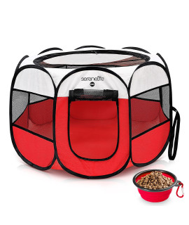 SereneLife Small Portable Foldable Pet Tent - 8-Panel Cat Dog Mesh Exercise Playpen w/ Folding Food/Water Bowl - Kennel House Playground Play Pen Yard Crib for Puppy, Kitten, Rabbit, Bunny (Red)