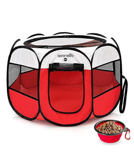 SereneLife Large Portable Foldable Pet Tent - 8-Panel Cat Dog Mesh Exercise Playpen w/ Folding Food/Water Bowl - Kennel House Playground Play Pen Yard Crib for Puppy, Kitten, Rabbit, Bunny (Red)
