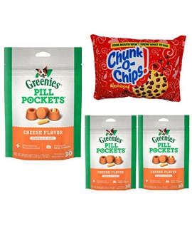 Houndsense Multi Pack Bundle Including Greenies Cheese Flavored Canine Pill Pockets 7.9oz - 3pk and Bonus Plush Squeaker Toy.