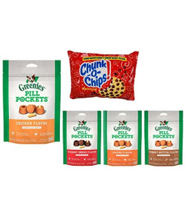 Houndsense Variety Pack Bundle Including Greenies Chicken, Hickory, Peanut Butter and Cheese Flavored Canine Pill Pockets 7.9oz - 4pk and Bonus Plush Squeaker Toy.