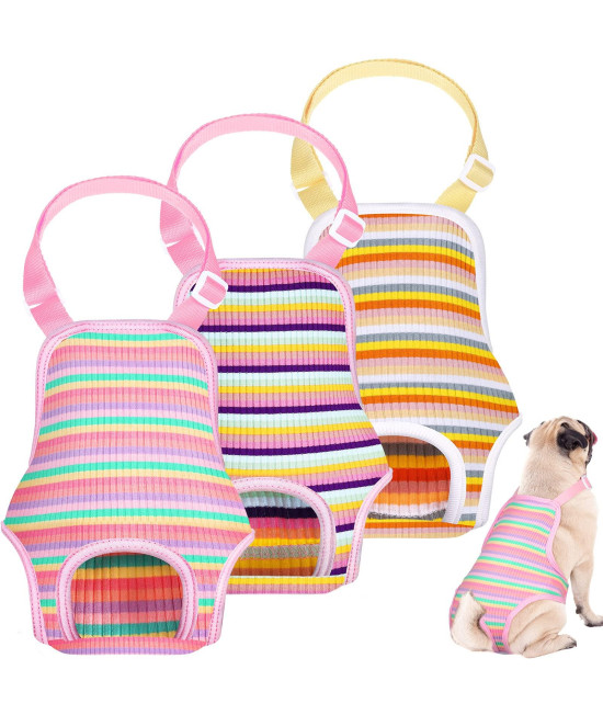 3 Pieces Dog Diaper Striped Sanitary Pantie With Adjustable Suspender Washable Reusable Puppy Sanitary Panties Cute Pet Underwear Diaper Jumpsuits For Female Dogs (Rainbow Pattern,S)
