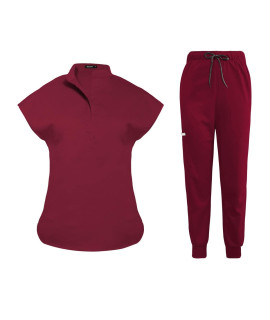 Niaahinn Scrubs Set For Women Nurse Uniform Jogger Suit Stretch Top Pants With Multi Pocket For Nurse Doctor Esthetician Workwear (Red, Medium)