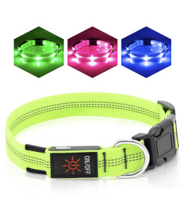 Colaseeme Led Dog Collar Light Up Dog Collars Micro Usb Rechargeable Adjustable Reflective Nylon Webbing Plastic Buckle D Ring Glow Safety Collars For Dog (Green, M)