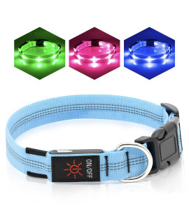 Colaseeme Led Dog Collar Light Up Dog Collars Micro Usb Rechargeable Adjustable Reflective Nylon Webbing Plastic Buckle D Ring Glow Safety Collars For Dog (Blue, M)