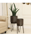 LuxenHome Set of 2 Brown Honeycomb cachepot, Metal Planters with Brown Stands, Plant Pots for Indoor Use