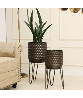LuxenHome Set of 2 Brown Honeycomb cachepot, Metal Planters with Brown Stands, Plant Pots for Indoor Use