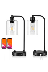 Yarra-Decor Upgraded Industrial Bedside Table Lamp Set of 2 Fully Dimmable Lamps for Bedroom Modern USB Nightstand Lamp Set with glass Shade Reading Table Lamps for Dorm, Office (LED Bulb Included)