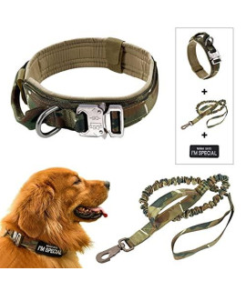 Yeedao Tactical Dog Collar and Leash Set and Patch for Medium Large Dogs Heavy Duty Metal Buckle with Handle Military K9 Nylon Adjustable Collar and No Pull Leashes (Camouflage, XL)