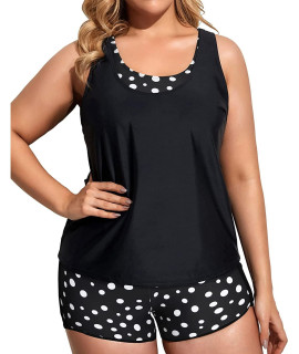 Holipick Women Black Dot Plus Size 3 Piece Tankini Swimsuits Athletic Bathing Suits With Boy Shorts Tank Top With Sports Bra 22W