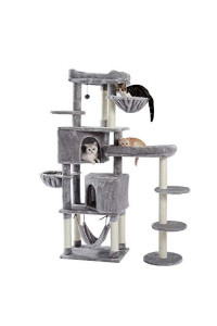 Lazyspace 64.7" Multi-Level Cat Tree for Large Cats with 2 Condos, 2 Perches, 2 Baskets and Platforms Grey