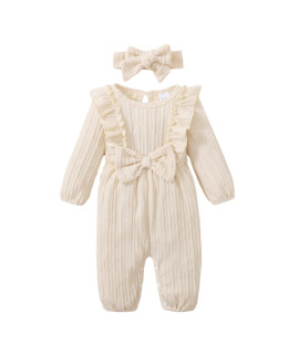 Happy Town Baby Girl Romper Infant Fall Winter Clothes Ruffle Sweater Long Sleeve Bodysuit Jumpsuit And Headband (Beige, 3-6 Months)