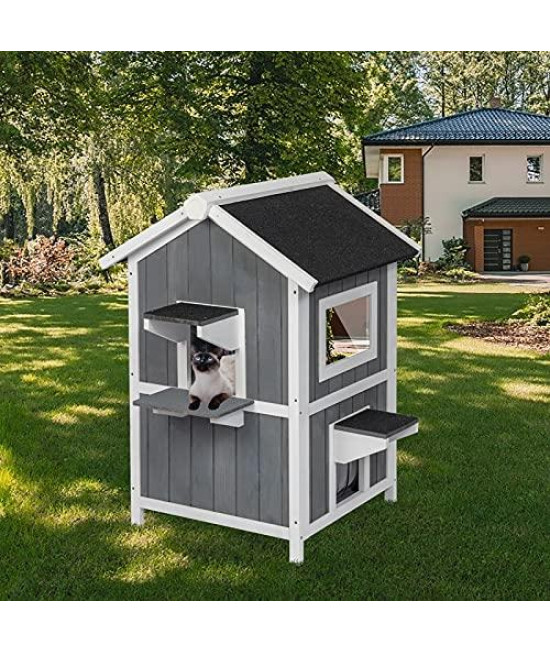 Lavpaws Outdoor Cat Shelter, 2-Story Wooden Outdoor Cat House Weatherproof Cat Shelters for Outside with Removable Floor, Gray