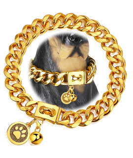 iDofas Gold Dog Chain Collar 19mm Cuban Link Dog Collar with Snap Buckle 18K Gold Plated Stainless Steel Metal Dog Chain Collars for Puppy Small Medium Large Dogs Includes Dog tag & Bell(16")