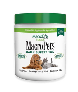 MacroLife Naturals MacroPets Supplement Greens Superfood Topper Dog, Cat, Small Mammal - Natural Nutrition Boost Probiotics, Digestive Enzymes, Vitamin E - Healthy Immune, Gut Flora & Energy - 6.35oz