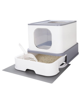 cat Litter Box with Lid,Top Entry Kitty Sifting Litter Box Kitten Toilet for 8lb cats,Enclosure cat Litter Pan with Mat No Smell and Easy to Use (White with Handle, Small)