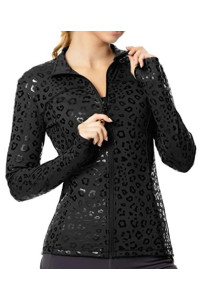 Queenieke Womens Sports Jacket Turtleneck Slim Fit Full-Zip Running Top Size S Color Bright Black Leopard Print