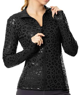Queenieke Womens Sports Jacket Turtleneck Slim Fit Full-Zip Running Top Size S Color Bright Black Leopard Print