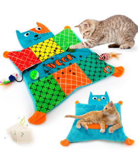 Awoof Cat Mat, Cute Soft Catnip Mat, Cat Activity Mat Machine Washable Catnip Toys Interactive Cat Toys For Indoor Cats, Self-Warming Crinkle Mat Cat Blanket For Small Medium Large Cats With 7 Pockets