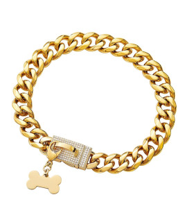 New Gold Dog Chain Collar with Bling Cubic Zirconia Secure Buckle,15MM Strong Stainless Steel Cuban Link Chain Collars,Luxury Necklace Collar for Small Medium & Large Dogs