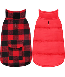 Malier Dog Winter Coat, Reversible Classic Plaid Waterproof Dog Winter Jacket Warm Dog Vest With Pocket, Cold Weather Windproof Dog Clothes Coat Apparel For Small Medium Large Dogs (Red, Large)