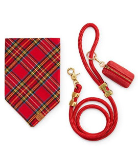 The Foggy Dog Wear Set: Flannel Dog Bandana, Rope Leash and Poop Bag Dispenser Gift Set for Small, Medium and Large Dogs (Small, Tartan Plaid)