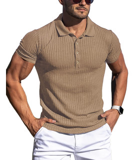 Urru Mens Muscle T Shirts Stretch Short Sleeve Workout Tee Casual Slim Fit Polo Shirt Khaki Xxxl